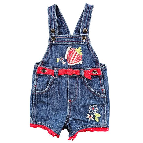 Denim Infant Overalls 6-9 mos Embroidered Strawberry Ruffle Hem Eyelet Accents - Picture 1 of 10